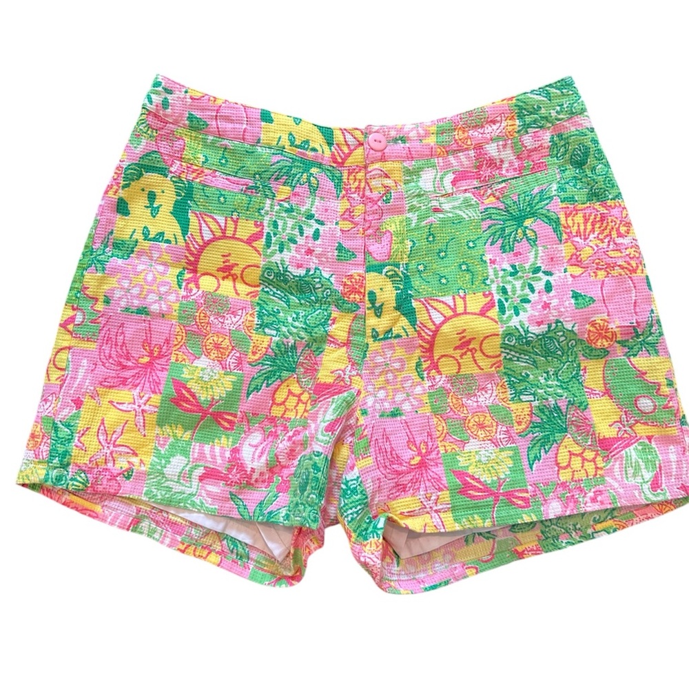 Lilly Pulitzer Patchwork Tropical High-Waist Shorts in Pink, Yellow & Green